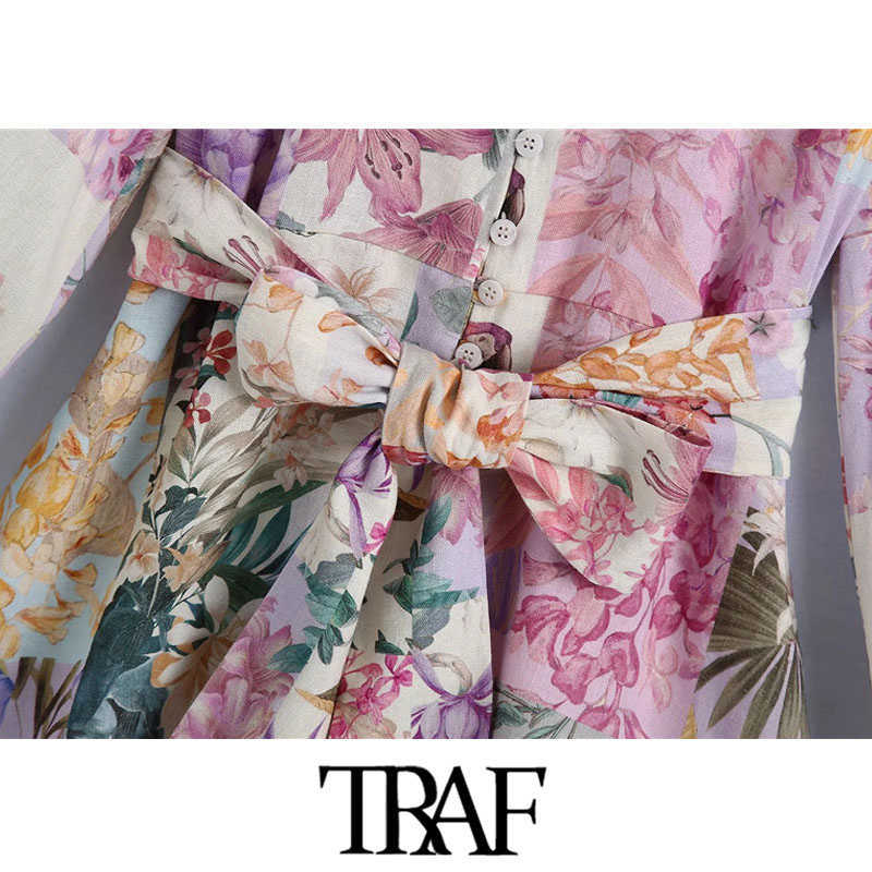 TRAF Women Chic Fashion With Belt Floral Print Mini Dress Vintage Long Sleeve Button-up Female Dresses Vestidos Mujer 210630