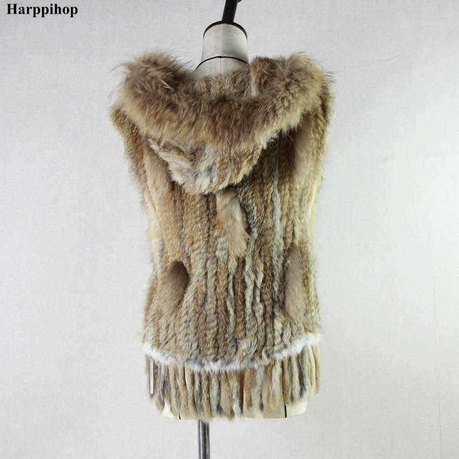 Harppihop fashion rabbit fur vest raccoon trimming knitted vest with hood waist coat gilet T191118