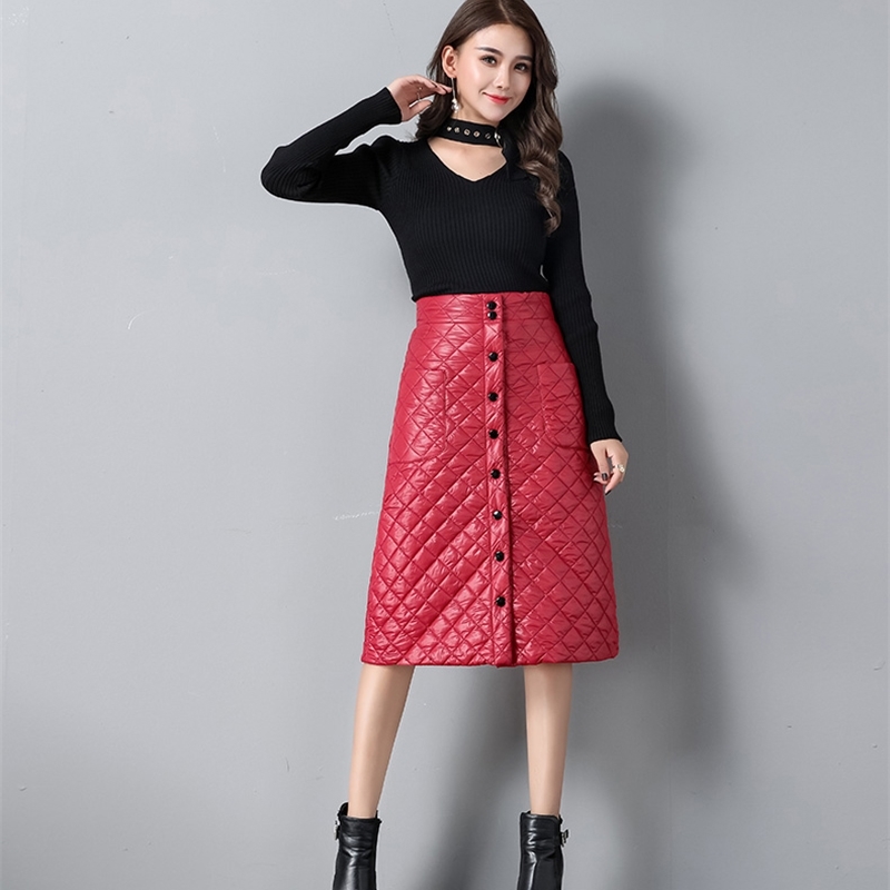 Winter Arrival Womens Rhombus Down Skirt ALine High Waist Buttons Thick And Warm KneeLength Skirt Office Lady B99610K 210306