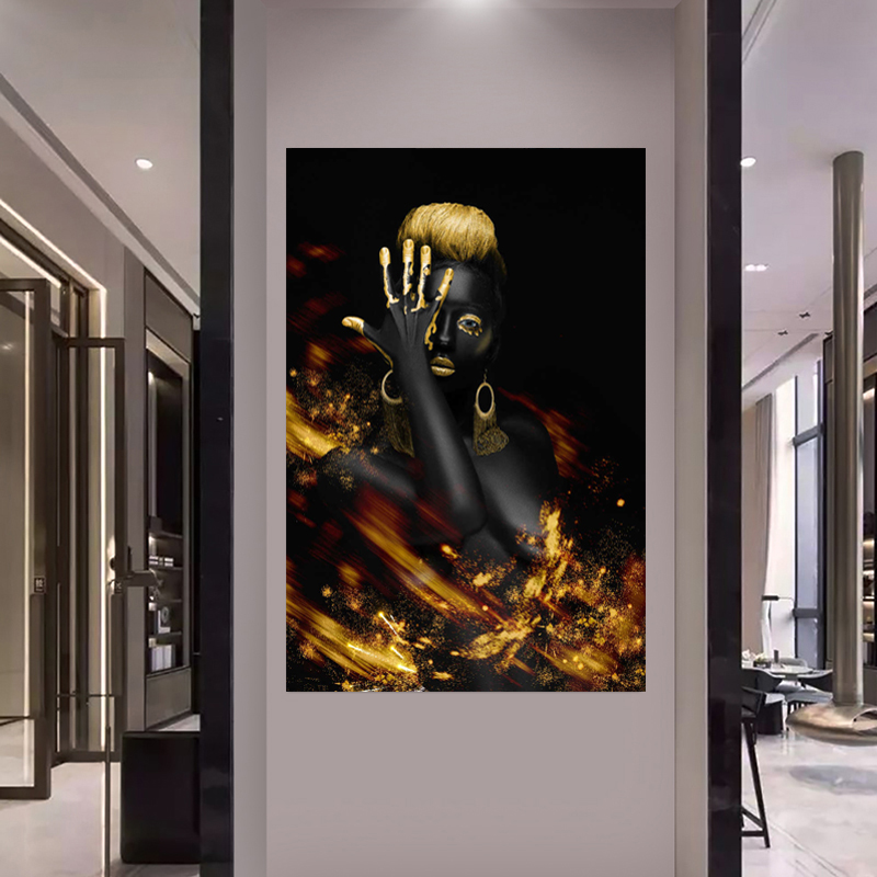 Canvas Painting Golden Black Woman Wall Art Pictures Posters and Prints for living room Modern Sexy Girl Decoration