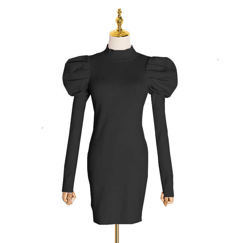 Spring Solid Puff Long Sleeve Femme Robe Simple Slim Bodycon Elegant Women Dresses Half High Collar Knitted Vestidos 13A143 210525
