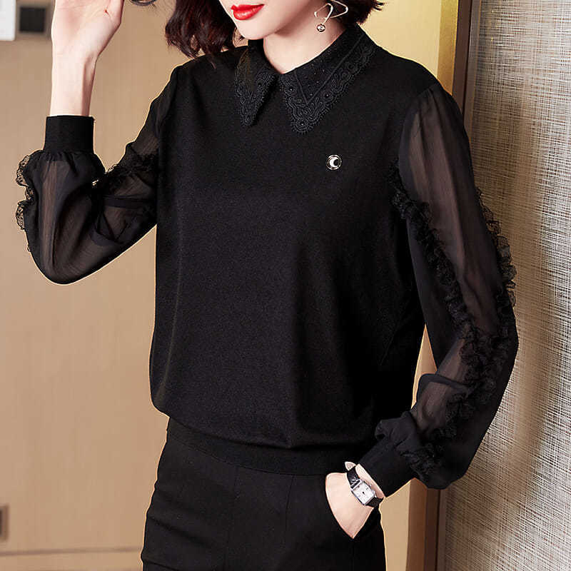 Women Spring Autumn Style Chiffon Blouses Shirts Lady Casual Peter Pan Collar Patchwork Chiffon Blusas Tops DF3795 210225