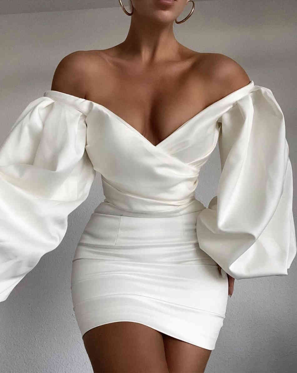 Ladies Sexy Fashion Lantern Sleeve Off Shoulder Party Dress Elegant Celebrity Satin White Prom Cocktail Tight 210525