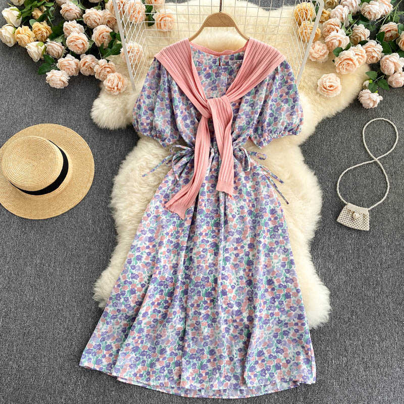DEAT Women Printing Ruffles Dress Round Neck Short Puff Sleeve Arrivals Lady Temperment Fashion Spring Summer 11D595 210709