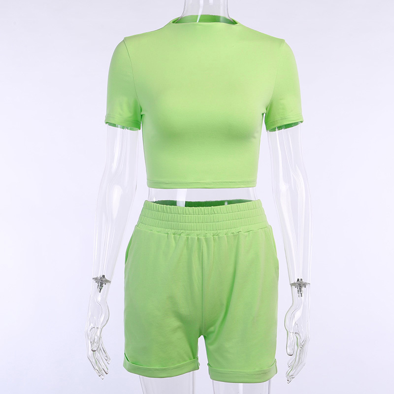 WannaThis Neon Green Women 2 Pieces Sets Tee and Shorts Slim Elastic Hight Waist Mini Shorts Fashion Summer Streetwear Sets 210302