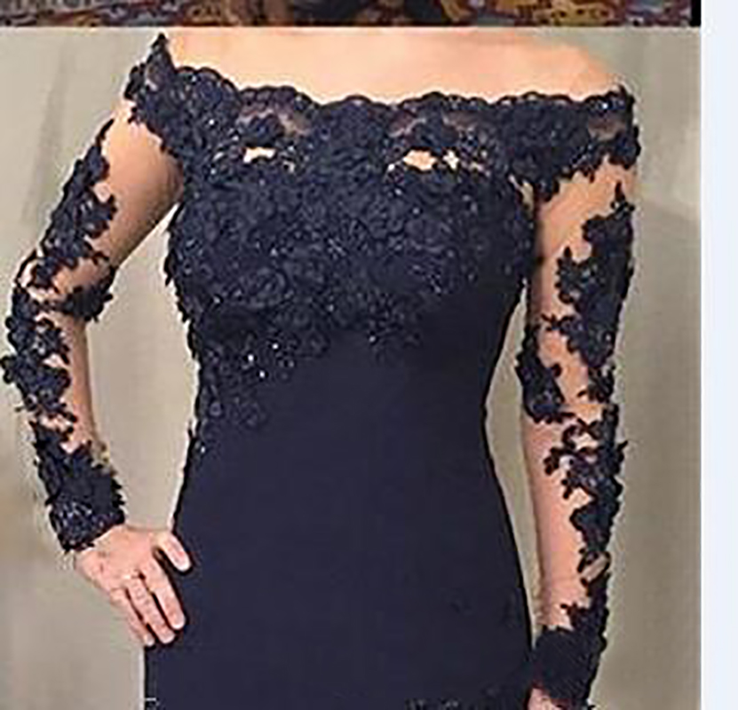 Dark Navy Blue Lace Short Mother of the Bride Long Sleeve Off Shoulder Sheath Knee Length Evening Gowns Wedding Guest Party Dress