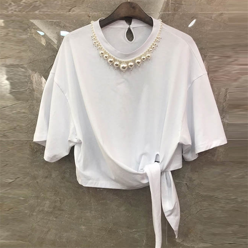 Retro Pearls Beading Simple White Cotton Tshirt Women Fashion Short Sleeve Tee Femme Korean Loose Bandage Crop Tops Summer 210602, Black
Retro Pearls Beading Simple White Cotton Tshirt Women Fashion Short Sleeve Tee Femme Korean Loose Bandage Crop Tops Summer 210602, Black