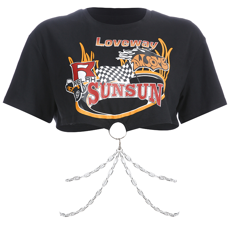 HEYounGIRL Korean Punk Short Sleeve Tshirt Women Black Harajuku Cotton T Shirt Ladies Printed Top with Chains Streetwear Summer 210306