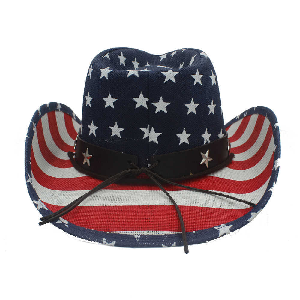 Summer Usa Flag Straw Cowboy Hats for Men and Women Western Sombrero Hombre Cowboy Caps with American Flag Sombreros De Mujer Q0805