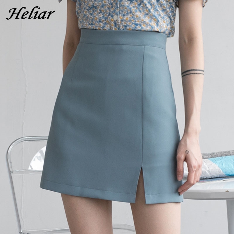 HELIAR Women Skirts Preppy Style A-line High-waist Split Mini Skirts Women Solid Elegant Casual OL Skirts For Women 2021 Spring 210309