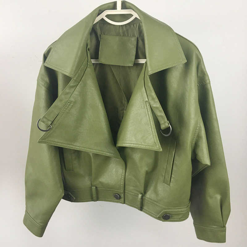 Autumn Faux Leather Jacket Women Loose Turndown Collar Ladies Biker Punk Jackets Single Breasted Motorcycle Leather Coats 210908