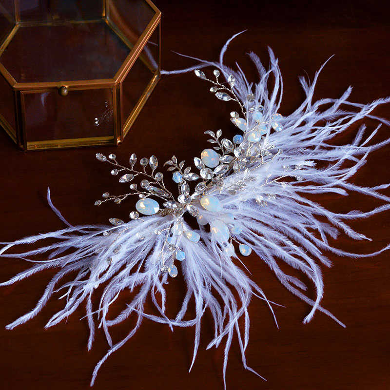 White Feather Headband Tiara Fashion Crystal Hair Clip Wedding Bridal Accessories Ornaments For Bride Party Headpiece 210707