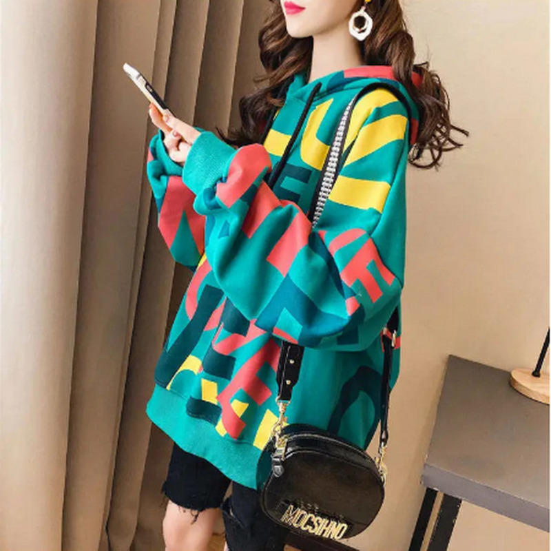 QRWR Korean Women Hoodie Sweatshirts Winter Casual Fleece Oversized Hoodies Loose Letter Printing Thicken Hoodies for Girls 201126