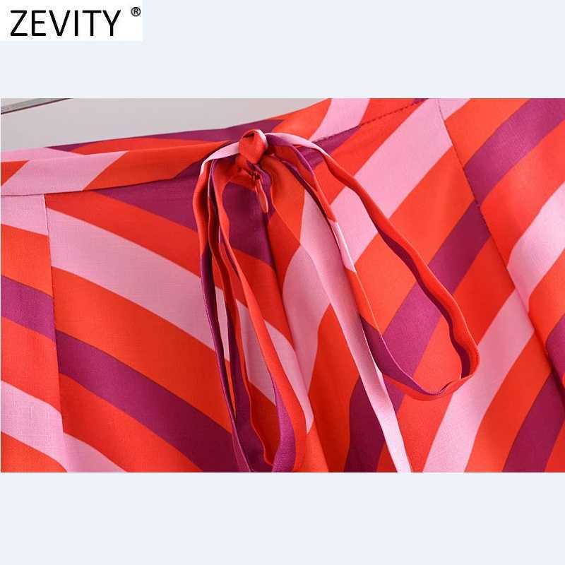 Zevity Women Vintage Striped Floral Print Casual A Line Midi Skirt Faldas Mujer Female Chic Back Zipper Split Vestido QUN777 210603