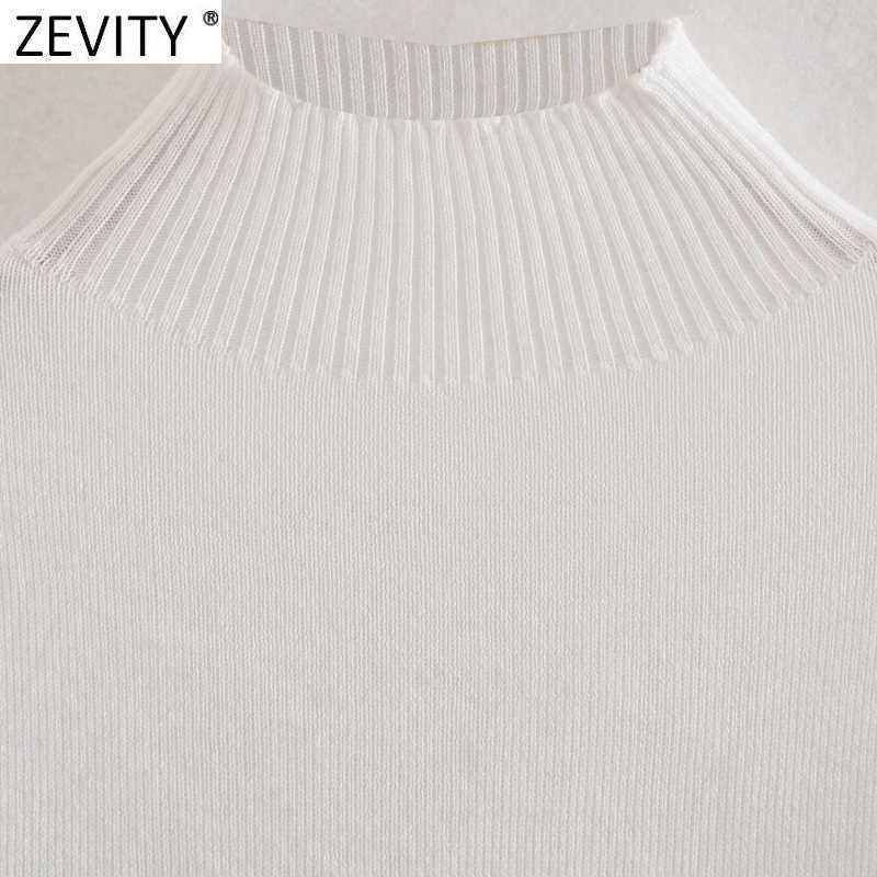 Zevity Women Fashion Stand Collar Long Sleeve White Knitting Sweater Chic Female Backless Lace Up Irregular Pullovers Tops SW847 210603