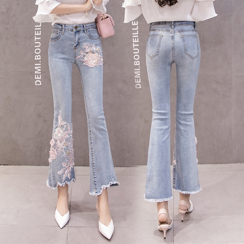 Stretchy Plus Size Women Flare Jeans Pants Pearls Tassels Flower Embroidery Denim Skinny Jeans Woman High Waist Pants Mom Jeans 210302