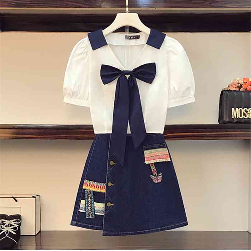Sweet Bowknot Puff Sleeve Cropped Tops Denim Skirt 2 piece set Women Retro Embroidery Patchwork Irregular Mini Cowboy Suit 210602, Only white shirt
Sweet Bowknot Puff Sleeve Cropped Tops Denim Skirt 2 piece set Women Retro Embroidery Patchwork Irregular Mini Cowboy Suit 210602, Only white shirt