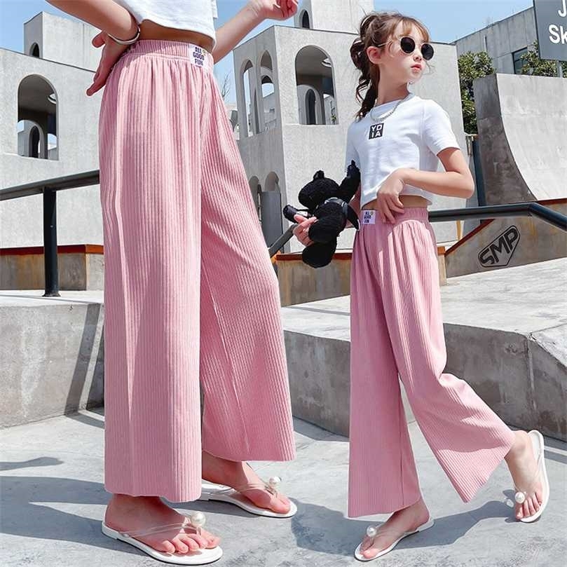 Children's Pants Fashion Teenage Girls Casual Wide Leg Lace Ice Silk Chiffon Baby Anti-Mosquito Summer Cool 211103