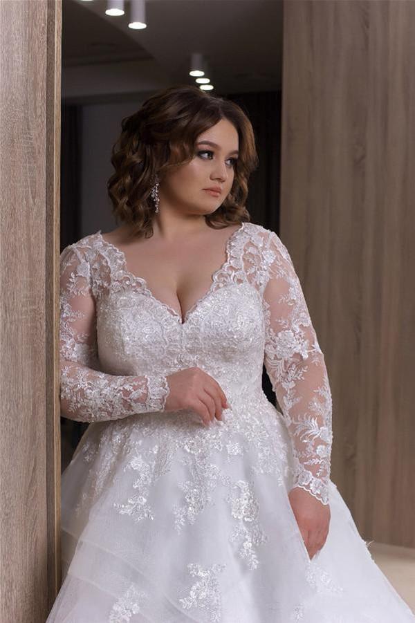 Modest Plus Size Wedding Dresses with Long Sleeve 2021 Full Lace Beaded Lace-up Back Tiers Skirt Bridal Gown Marriage Gowns