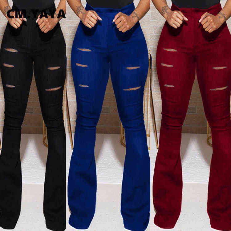 CM.YAYA Plus Size Hole Pants Women Full Length Skinny Elastic Waist Solid Flare Pant Spring Autumn High Fashion Lady Trousers 211124