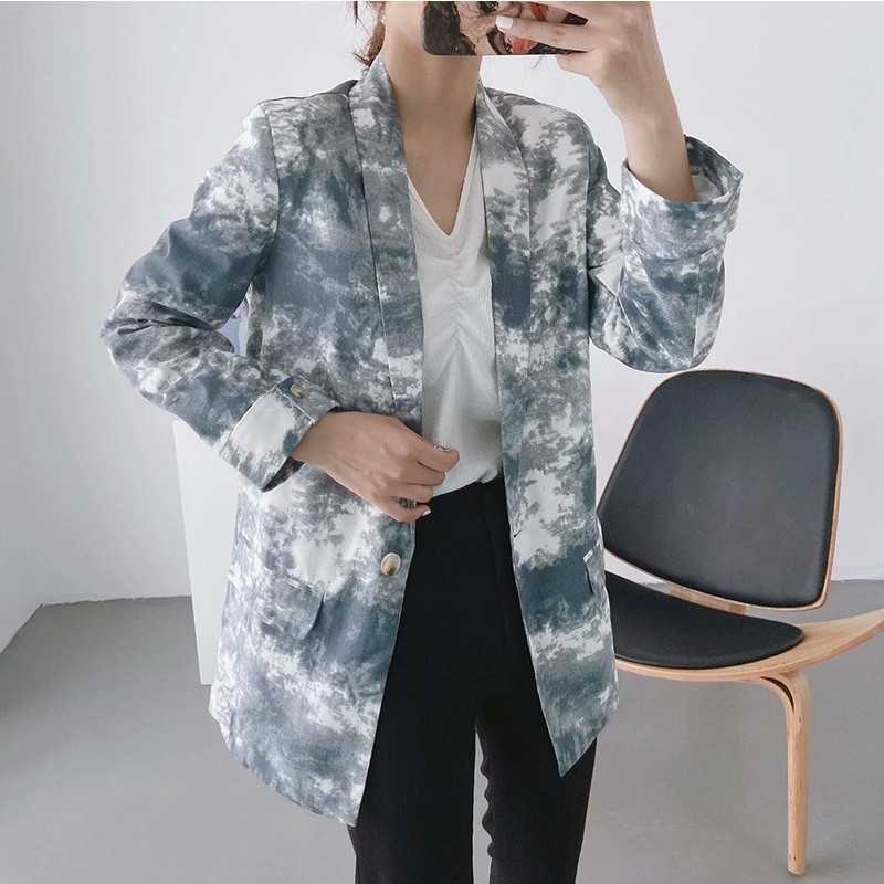 LY VAREY LIN Autumn Women Casual Suit Jacket Black White Tie Dyed Printing Single Button Loose Office Lady Outerwear 210526