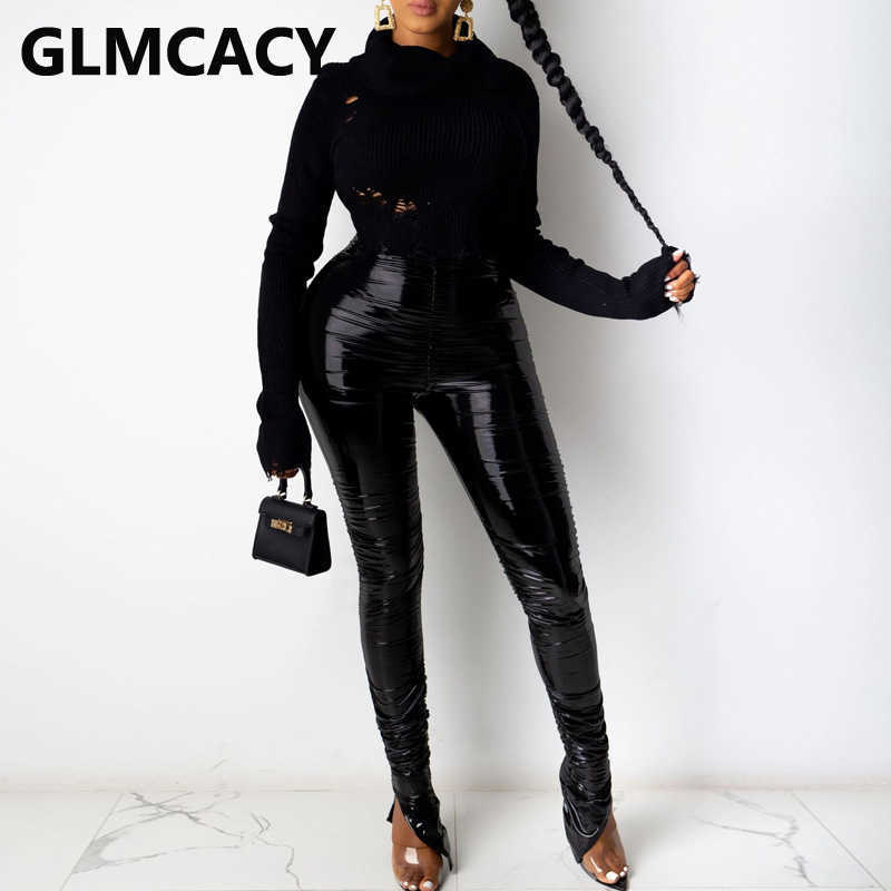 Women High Waist Skinny Slit PU Pants 210702