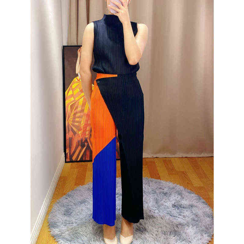 DEAT Woman Pleated Wide Leg Pants Hit Color Patchwork One Button Elastic Waist Nine Length Casual Style Autumn 15XF813 211115