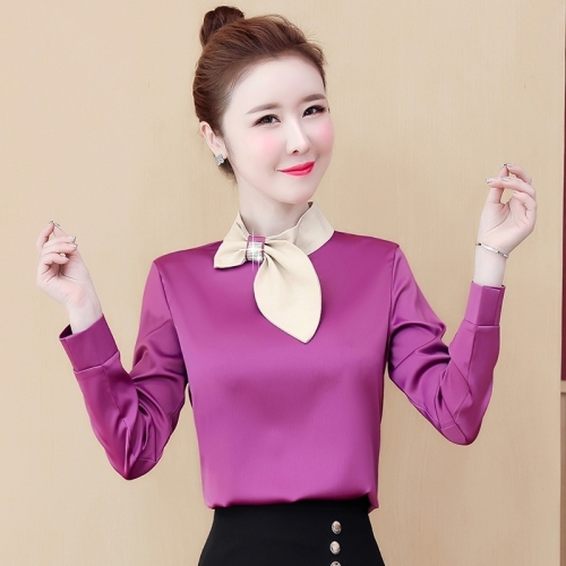 Spring New Women Simulation Silk Long Sleeve Chiffon Blouse Elegant Satin Bow Metal Buckled Temperament Women Shirt Blusas 8109 210225