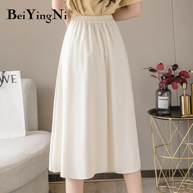 Beiyingni Elegant Pleated Women Skirt Midi Solid Color Work Wear Vintage Fashion High Waist Skirts Casual Black Jupe Femme 210309
