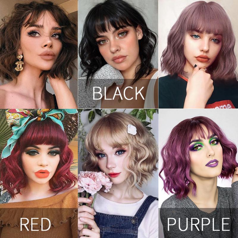Synthetic Wigs Vigorous Short Wavy Wig With Bangs Black For Women Natural Brown Mixed Hair Bob Heat Resistant Fiber
