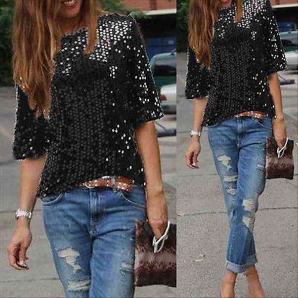 Womens Blouse Half Sleevele Parkle Glitter Solid Loose Crop Tops Summer Sequined Pullover Tops Blouse Casule Womens, White
Womens Blouse Half Sleevele Parkle Glitter Solid Loose Crop Tops Summer Sequined Pullover Tops Blouse Casule Womens, White