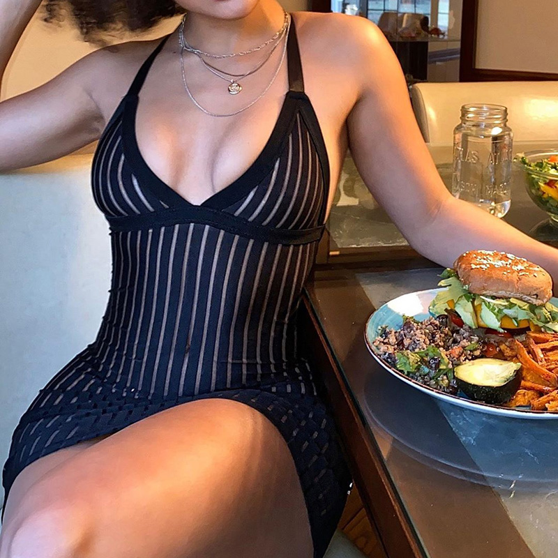 Striped Halter Dress Sexy Mesh Transparent Party Club Streetwear Criss-Cross Mini Dress Summer Sleeveless Women Dress, Black;gray
Striped Halter Dress Sexy Mesh Transparent Party Club Streetwear Criss-Cross Mini Dress Summer Sleeveless Women Dress, Black;gray