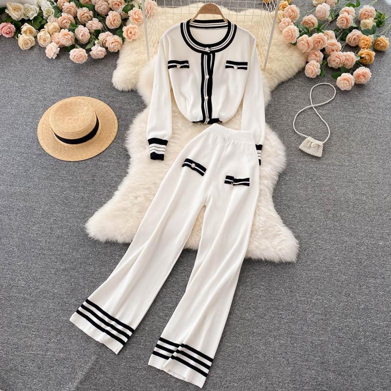 Women&#039;s Two Piece Pants SINGREINY Women Autumn Winter Fashion Knitted Set Long Sleeve Single Breasted Cardigan+Wide Leg Suits 2021 от DHgate WW