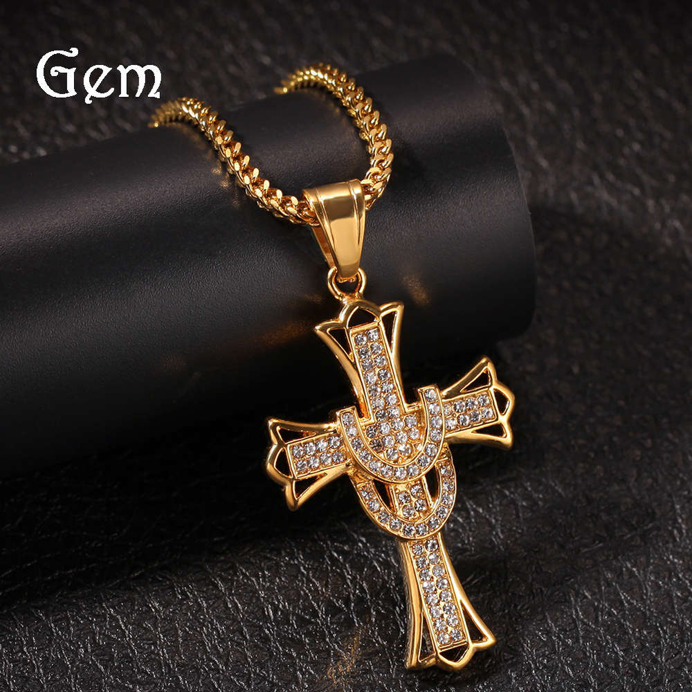 Men's hip hop stainless steel diamond pendant electroplating men's Cross Necklace