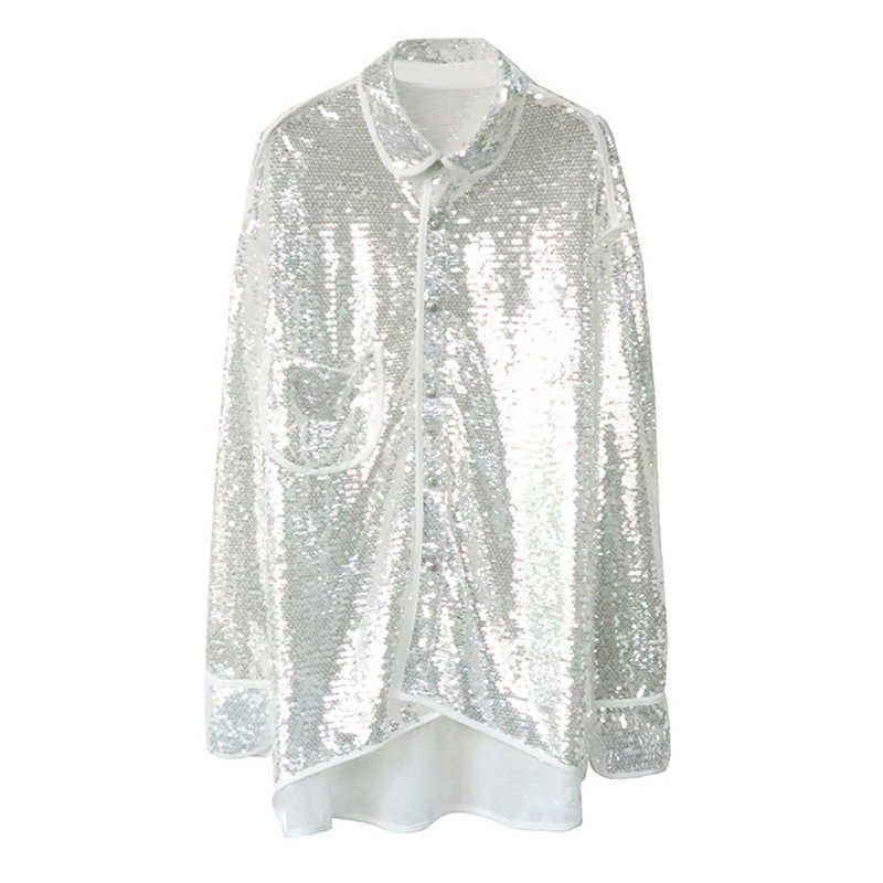 PERHAPS U Women White Black Full Sleeve Solid Turn Down Collar Top Heavy Work Sequins Blouse Button Pocket Shirt B0537 210529