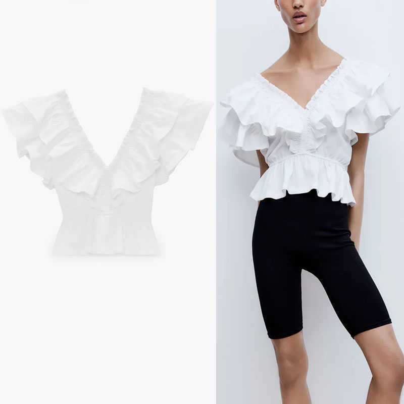 Za White Ruffle Spring Blouse Women V Neck Sleeveless Elastic Top Female Fashion Vintage Contrasting Ruffled Blouse Blusas 210602
Za White Ruffle Spring Blouse Women V Neck Sleeveless Elastic Top Female Fashion Vintage Contrasting Ruffled Blouse Blusas 210602
