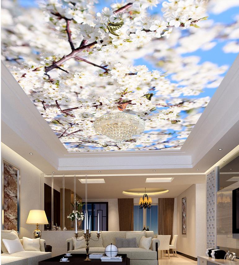 Custom ceilings Peach Blossom Blue Sky Ceiling 3d murals wallpaper for living room
