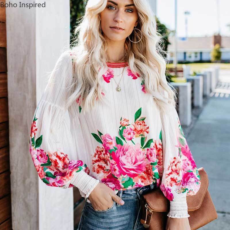 Inspired VALENCIA ROSE PRINTED Relaxed Fit long sleeve shirt bohemian style party new Boho BLOUSE top 210225