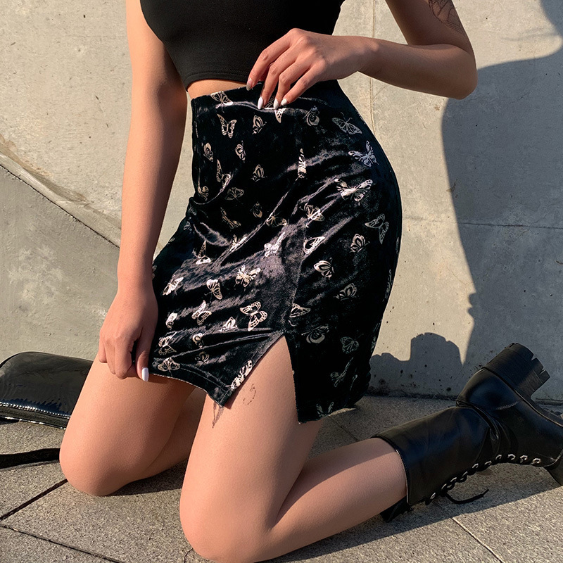 Sexy mini skirt velvet Butterfly Embroidery Black skirts womens aesthetic High Waist vintage harajuku black gothic skirt 210306