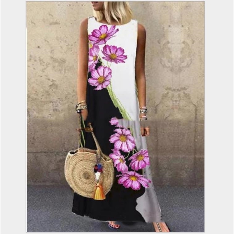 Basic Casual Dresses Sundress Women Summer Dress Printing Sexy Dress Midi Plus Size Casual Linen Loose Sleeveless printed Long Maxi Dress 210303