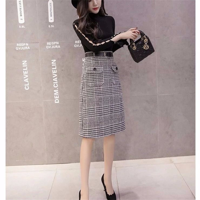 Women with belt sashes retro classic Tweed Plaid Skirt ladies sidesplit Hipswrapped Wool skirt Bodycon slim work office Skirt 210306