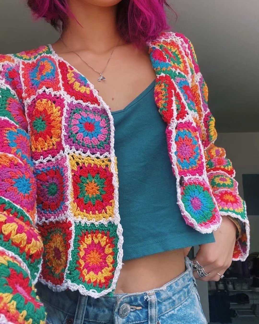 BOHO Colored Plaid Flower Hand Crochet Cardigan Vintage Woman V neck Long sleeve Center Buttons Sweater Knitwear Jumper 211014