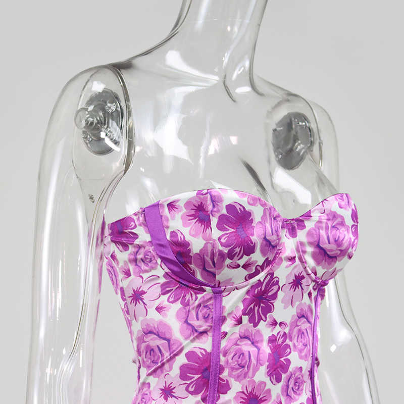 Colysmo Strapless Party Dresses Women Push Up Padded Floral Print Satin Summer Sexy Bodycon Mini Yellow Purpe 210527