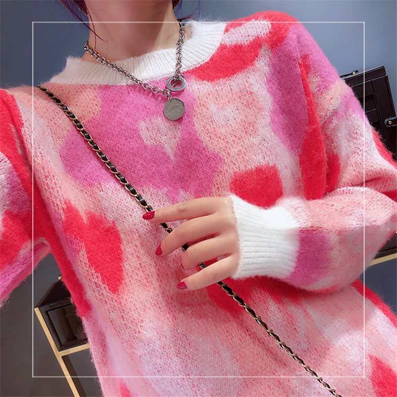 New Autumn Winter Mohair Sweater Women's Pullover O-neck Long Sleeve Flower Pattern Sweet Knitting Jumper Top pull femme C-074 210218