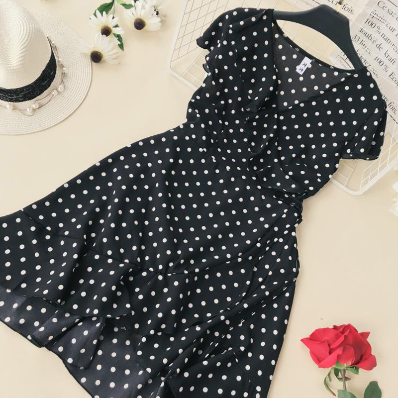 Women Lace Up Floral Polka Dot Summer Dress Sexy V Neck Wrap Dress Slim Waist Elegant Boho Ruffles Beach Short Dress Vestido 210303