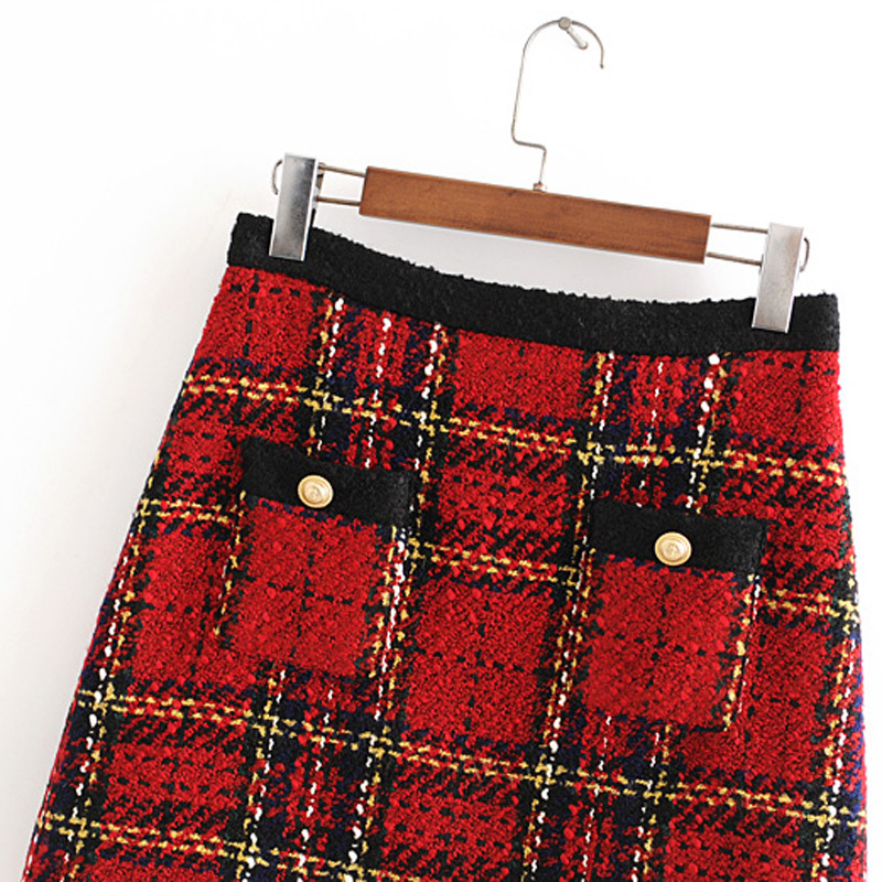 Chic Pockets Buttons Tweed Skirts Women Fashion Casual Plaid Skirt Elegant Ladies A Line Mini Skirts Casual Faldas 210309