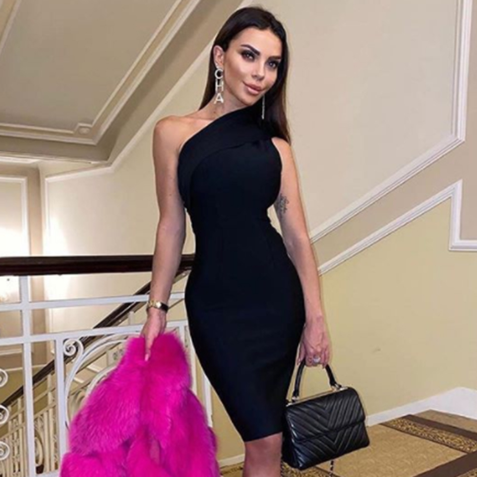 Summer One Shoulder Bodycon Bandage Dress Women Sexy Sleeveless Black Nude Draped Club Celebrity Runway Party Dresses 210423