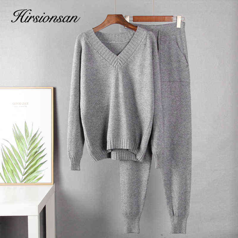 Hirsionsan Cashmere Knitted Sets Women New Loose V Neck Sweater & Carrot Pant 2 Pieces Female Outfit Tracksuits Harem Pants 211117