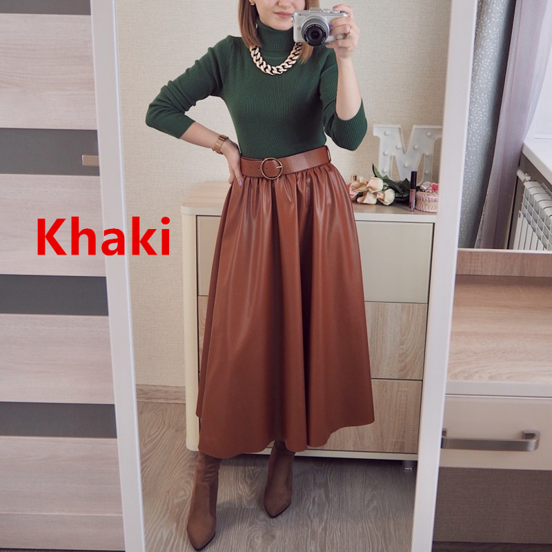REALEFT Autumn Winter PU Faux Leather Long Skirts with Belt High Waist Elegant New A-line Chic Mid-calf Umbrella Skirts 210309