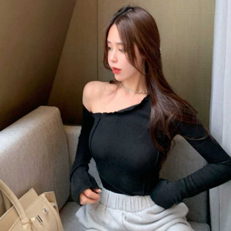 Oblique Shoulder Long Sleeve Women's Autumn Korean Sexy Strapless Summer Tops Slim Top Yellow Black T Shirt Tshirt FI2R 210603